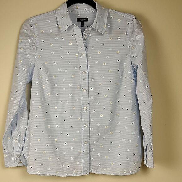 Talbot's Petite Cotton Daisy Print Button Front Long Sleeve Blouse Top - Picture 1 of 10